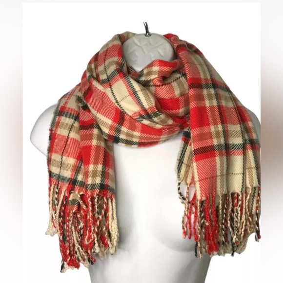 J.Crew Factory Scarf Long Plaid Shawl Wrap Fringe Tan Orange 74 x 24 - Picture 2 of 10